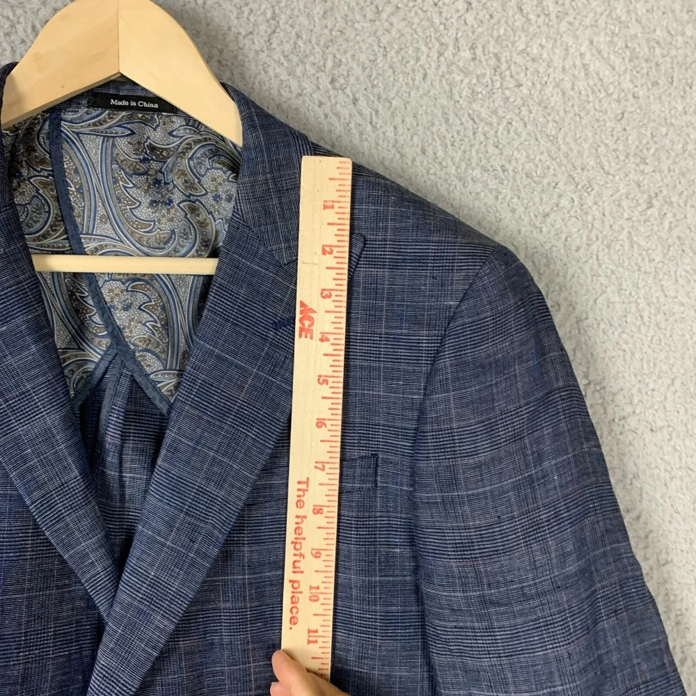 Egara Blazer 100% Linen Windowpane Plaid Navy‎ Unlined Two Button Sport Coat